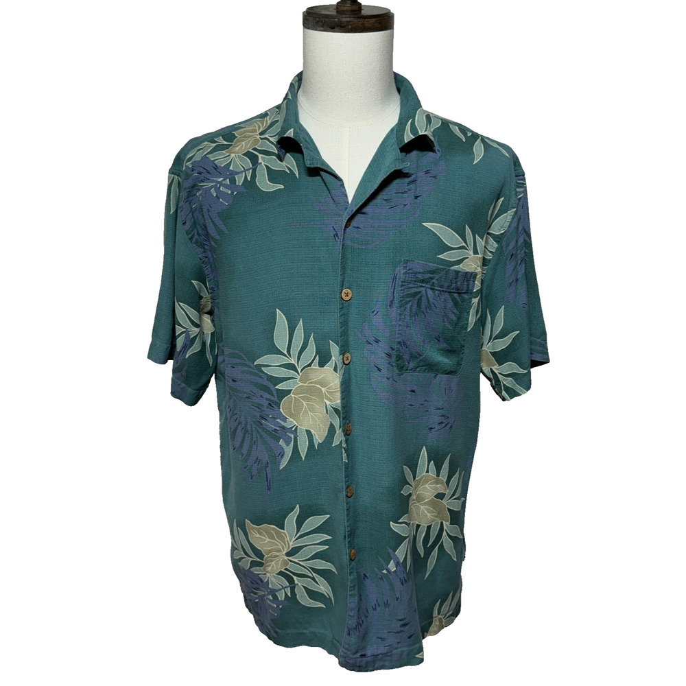 Island Shores Shirt Mens Large Green Hawaiian Floral Silk Loop Collar Beachy‎